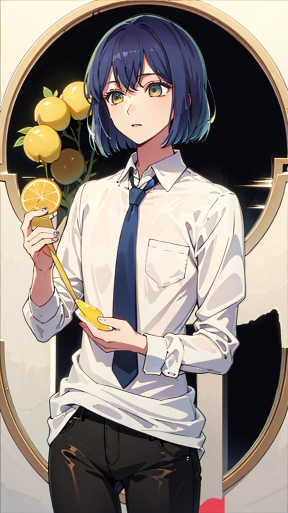 (highest quality:1.2), Very detailed, digital coloring, High Contrast, (masterpiece:1.2), highest quality, Best aesthetics, simple background, (looking away:1.4),beautiful lighting, one femboy, flat chest, poor chest, (cold stare), lemon yellow eyes, Meticulous Eyelash Details, detailed face, (hot gaze, Hot, Glossy, Leaking sigh), white shirt, blue tie, Jeggings, purple hair, Bob cut