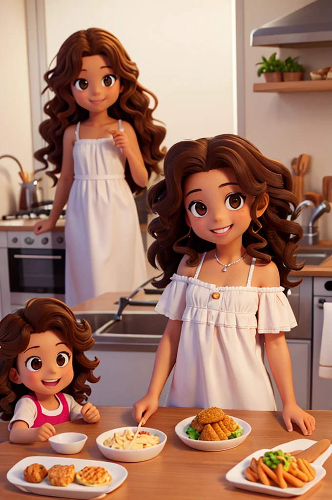 4 year old girl, shoulder length curly hair, brown, olhos brown e brilhantes, happy and smiling, very smart. with his father and mother with long curly hair. Making food