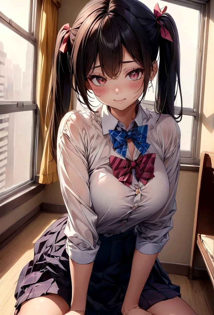 school girl, sexy body, sailor , big breasts, cleavage, big hip, stockings, garter belts, smiling, beautiful face, detailed face, very detailed eyes, long black hair, blue eyes, beautiful eyelashes, (full body), high quality, detailed background, high resolution, red eyeliner make up, blush on, (best quality)