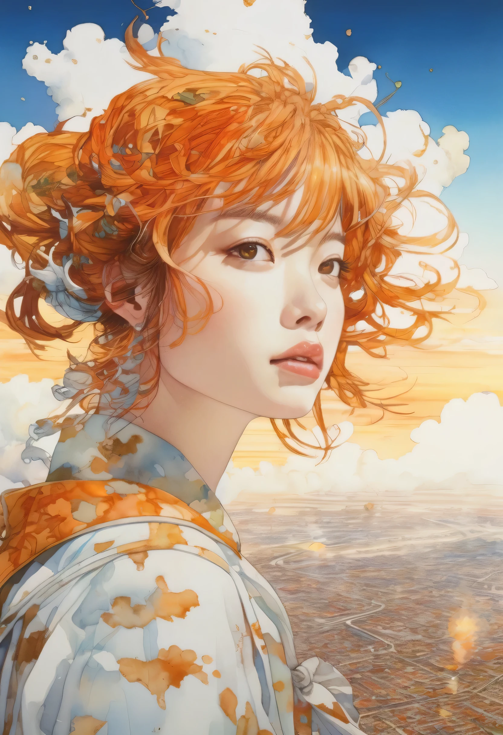 artwork:Katsuya Terada
8k, High resolution, A complex and intricate masterpiece, (Summer vacation:1.2), (White cumulonimbus cloud and girl:1.1), transparent, Glowing black eyes, White cloud and brown eyeball, Medium Shot, Orange Hair, Organic Shapes, Swaying in the wind、Hard Edge, Anatomically correct body, Ultra-realistic, Cumulonimbus Elegant,Cinema Lighting, Very detailed, Vibrant colors, Octane Rendered Cat, Surreal atmosphere, Award-winning works, Bright and rich colors, iridescent accents, Dramatic Shadows,Dynamic and atmospheric lighting, Anamorphic Lens, Sharp focus,
An intricate and detailed masterpiece by Katsuya Terada, Katsuya Terada Style, Pop Surrealism, watercolor , Kanna Hashimoto