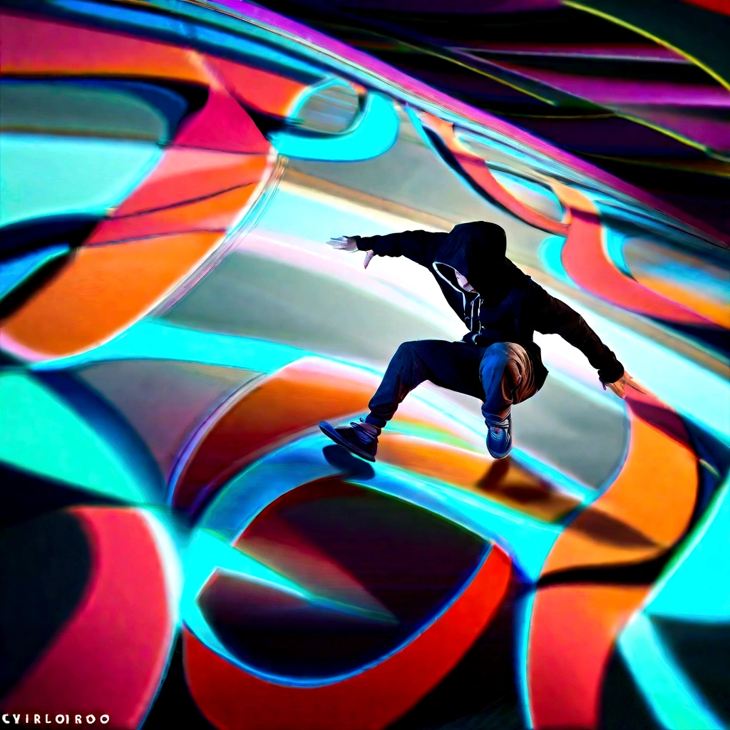 blurred image of a hooded break dancer doing a trick, cyril rolando and goro fujita, beep style, photo manipulation, beeple-style hybrid mix, photo manipulation, inspired by Cirilo Rolando, in style of cyril rolando, by Cirilo Rolando, Parkour, creative photo manipulation, epic angle and pose