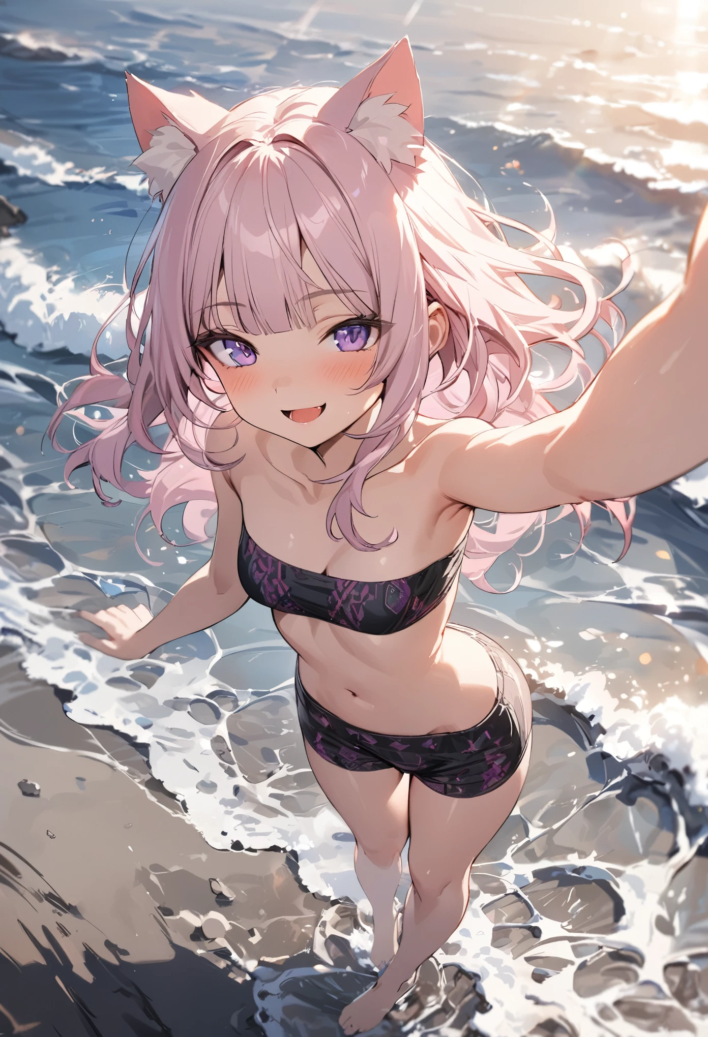 ((Masterpiece)), ((best quality)), (Anime:1.3), (super detail:1.2),(High Definition:1.3), (Professional Photography:1.2), (wide shot), (sharp focus), (perfect light), ((1girl)), (full body), messy medium hair, Beautiful collarbone, ((Tribal black tubutop)), strapless, cute navel, cute boxer shorts, (Healthy slim body), (loose blunt bangs), Slender body, glossy skin, (naughty smile), open mouth, ((Beautiful purple eyes)), Textured skin, (Cat ears), (Pale pink hair), Cute Beautiful Girl, (slightly exposed medium breast), BREAK, ((best quality)), (full body), ((1girl)), Dynamic angles, ((reaching arm)), (standing on the shoreline at dawn), (sharp focus), (perfect light),
