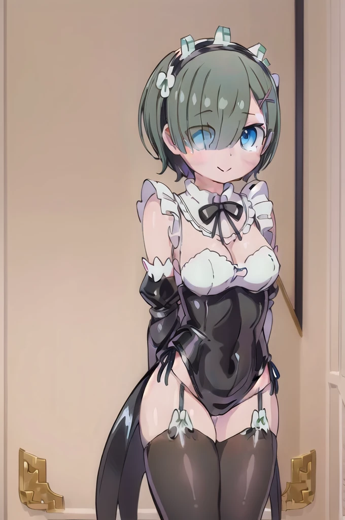 (1girl,solo),(pastel green playboy bunny:1.6),cowboy shot,standing,(black hair:1.8),BREAK,(short hair:1.4),x hair ornament,hair ribbon,(hair over one eye:1.2),(blue eyes:1.4)(beautiful fingers:1.2),(perfect anatomy:1.6),(arms_behind_back:1.6),(cold_shoulder:1.2),BREAK,(leather lace glossy silk lamé:1.6),(shiny_clothes:1.6),medium breasts,(masterpiece),best quality,(Ultra high definition eyes:1.2),8k,(Beautiful detailed eyes:1.2),(Fine and beautiful eyes:1.2),(pretty eyes:1.2),finely detail,extremely CG, absurdres,high resolution,illustration,Detailed and beautiful outlines,finely detail,high resolution,(colorful refraction:1.4,Increase saturation:1.2),beautiful lighting,dynamic lighting,closed room,black background,simple background, smile,looking at viewer,nayutaren,rem, maid headdress, neck ribbon, cleavage,(pastel green rabbit ears:1.4),(white Clear PVC sheets sleeves:1.4),(sheer sleeves:1.4),(see-through sleeves:1.4),(wide sleeves:1.2),(pastel green tights:1.2)