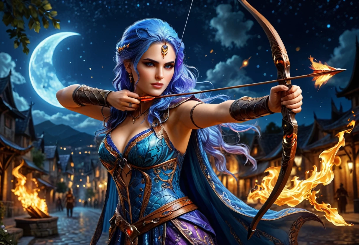 a picture of fire sorceress firing a flaming arrow from a magnificent epic bow, an (elite glamour beautiful: 1.2), fire sorceress, ultra detailed face,  perfect face, blue hair, long hair, wavy hair, wearing wild glamour dress, intricate dress, purple dress , with fire patterns on it, aiming an epic bow with a flaming arrow,  dynamic bow, sting drawn to the cheek , arrow ready to be shot, dynamic bow, sting drawn to the cheek , arrow ready to be shot, it is ht, moon light, starry nig cloudy night,igh details, best quality, 16k, [ultra detailed], masterpiece, best quality, (extremely detailed), dynamic angle, full body shot, fantasy urban street at night bacund,  ,faize, firing and arrow, bow (weapon)