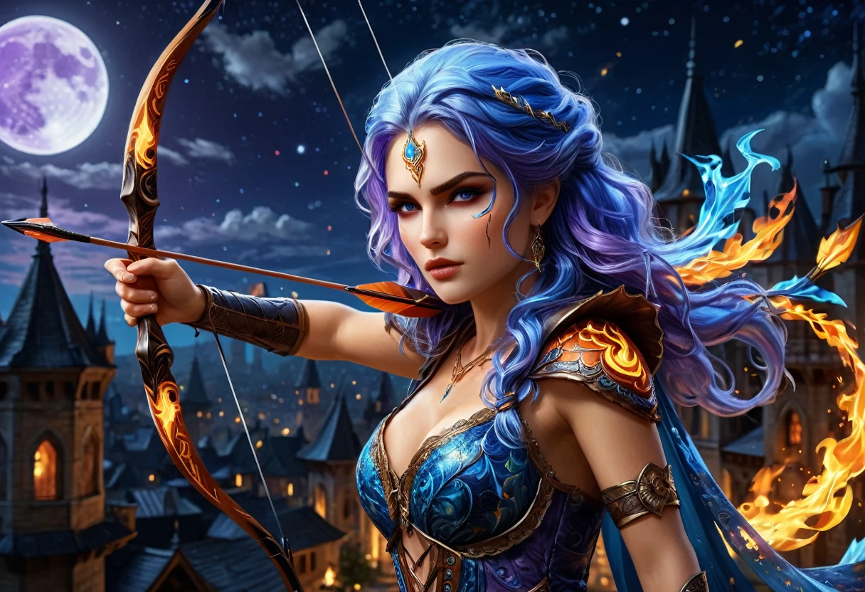 a picture of fire sorceress firing a flaming arrow from a magnificent epic bow, an (elite glamour beautiful: 1.2), fire sorceress, ultra detailed face,  perfect face, blue hair, long hair, wavy hair, wearing wild glamour dress, intricate dress, purple dress , with fire patterns on it, aiming an epic bow with a flaming arrow,  dynamic bow, sting drawn to the cheek , arrow ready to be shot, dynamic bow, sting drawn to the cheek , arrow ready to be shot, it is night, moon light, starry night, cloudy night,  high details, best quality, 16k, [ultra detailed], masterpiece, best quality, (extremely detailed), dynamic angle, full body shot, fantasy urban street at night bacground,  ,faize, firing and arrow, bow (weapon)