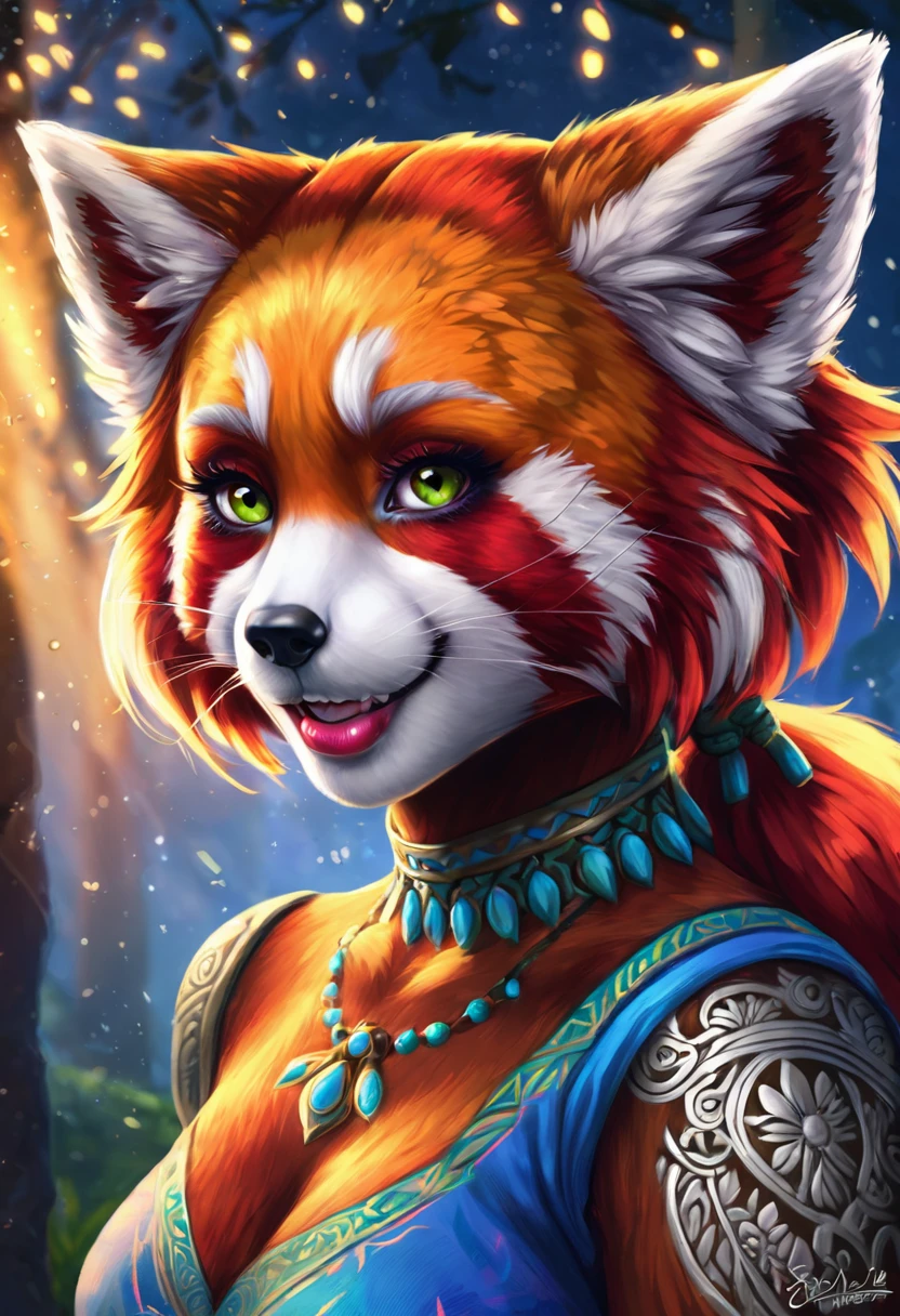 Create an illustrated, hand-drawn, full-color image of an anthropomorphic red panda women. The artwork should be rendered in the style of "Breath of the Wild," featuring warm lighting and shadows. Include graphite shading, stencil marks, and airbrushed acrylic paint effects. The image should be of the highest quality, a masterpiece with intricate details. The red panda women should have a female, humanoid, furry appearance with grey skin. She should have luscious lips, a wide smile, and bright, expressive eyes, exuding beauty, cuteness, and adorableness. Ensure the image is high resolution and sharply detailed, with a detailed and vibrant background. Incorporate mystical lighting in the background, creating a romantic and enchanting atmosphere.
