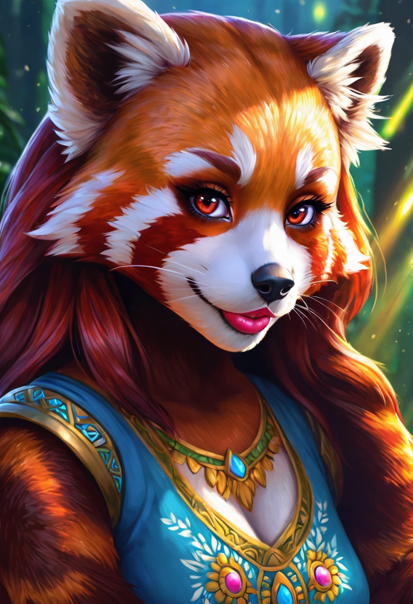 Create an illustrated, hand-drawn, full-color image of an anthropomorphic red panda women. The artwork should be rendered in the style of "Breath of the Wild," featuring warm lighting and shadows. Include graphite shading, stencil marks, and airbrushed acrylic paint effects. The image should be of the highest quality, a masterpiece with intricate details. The red panda women should have a female, humanoid, furry appearance with grey skin. She should have luscious lips, a wide smile, and bright, expressive eyes, exuding beauty, cuteness, and adorableness. Ensure the image is high resolution and sharply detailed, with a detailed and vibrant background. Incorporate mystical lighting in the background, creating a romantic and enchanting atmosphere.