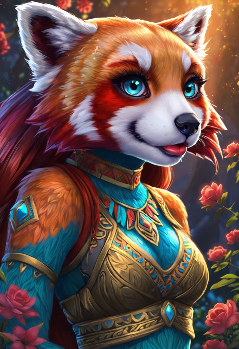 Create an illustrated, hand-drawn, full-color image of an anthropomorphic red panda women. The artwork should be rendered in the style of "Breath of the Wild," featuring warm lighting and shadows. Include graphite shading, stencil marks, and airbrushed acrylic paint effects. The image should be of the highest quality, a masterpiece with intricate details. The red panda women should have a female, humanoid, furry appearance with grey skin. She should have luscious lips, a wide smile, and bright, expressive eyes, exuding beauty, cuteness, and adorableness. Ensure the image is high resolution and sharply detailed, with a detailed and vibrant background. Incorporate mystical lighting in the background, creating a romantic and enchanting atmosphere.
