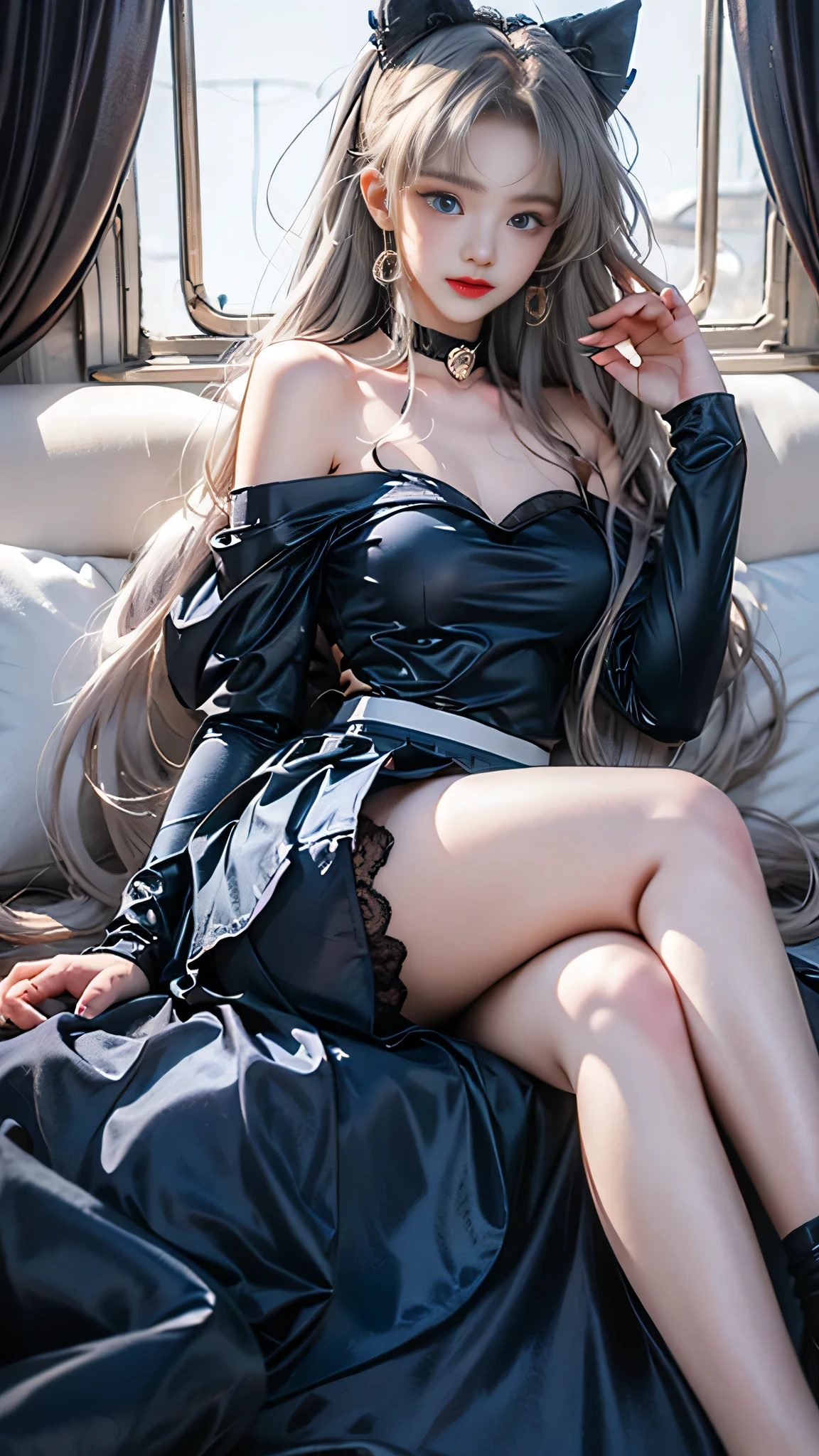 Real、high resolution、1 female、Hip Up、(Long eyelashes、)、((Big Blue Eyes))、(Face details)、Gray Hair、Long Hair、((Off-the-shoulder maid outfit))、 ((Lift-up skirt))、((Black lace panties are visible)),((Girl lying on sofa bed)),(、(Skirt soaring in the wind))、(slim and long legs)、