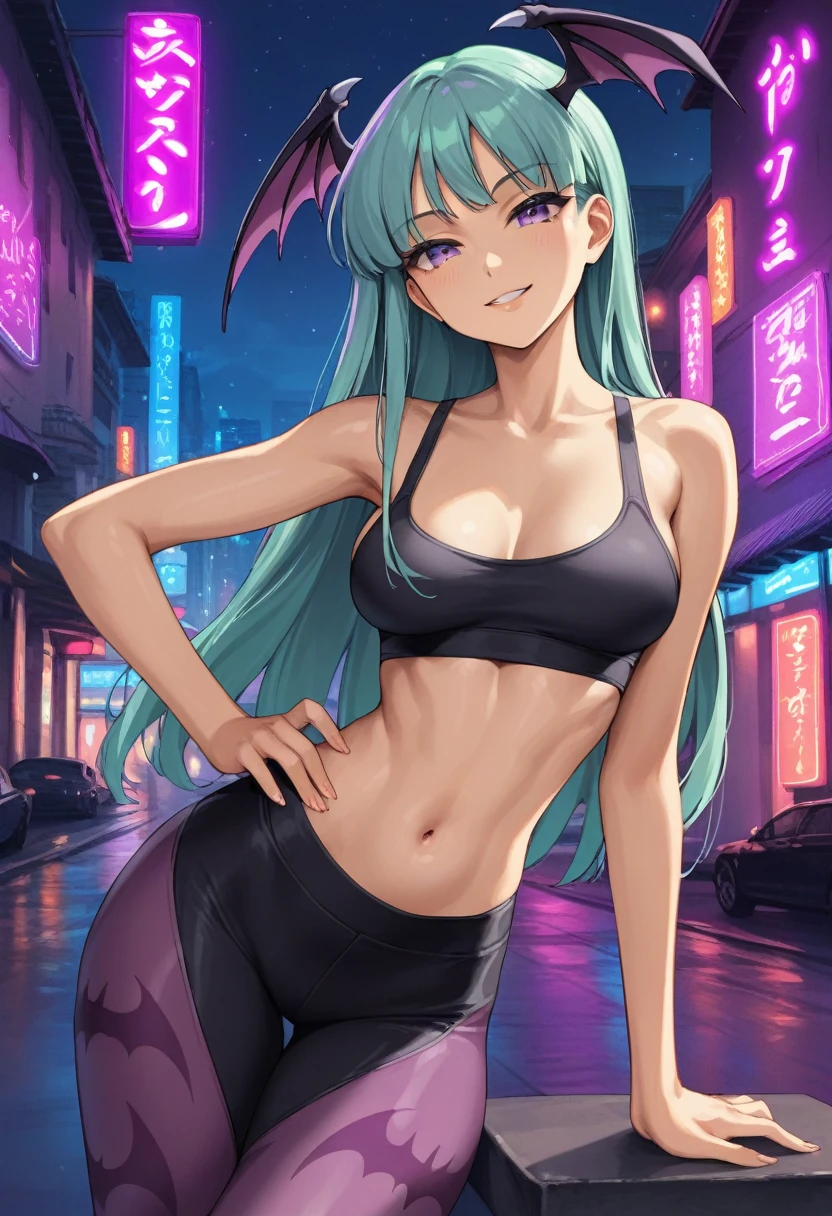 score_9, score_6_up, source_anime, rooftops, night city, neon lights, slim body, Slender legs, slim hourglass figure body type, average breasts size, ((purple_multicolor_hair)), purple_eyes, [[[Morrigan_Aensland]]], black sports bra, black yoga pants, seductive smile, looking at viewer