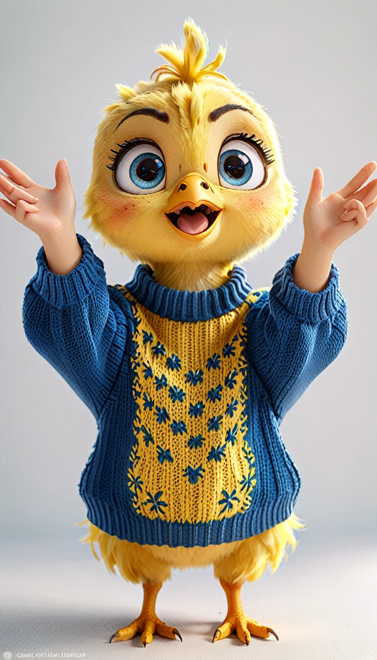 cute yellow chick, cartoon,arms, hands ,cute eyes, looking at viewer, arms up, white background, blue eyes, sweater