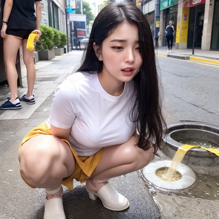 ### base ###
独奏,1 girl,woman,20yo, japanese, (Natural black hair, drill hair)
### clothing ###
(white T-shirt, tight T-shirt:1.4),  Ivory pleated skirt,
### situation ###
(Busy downtown area:1.2), Outdoor,
### addition ###
Spread legs, squatting, ### posture
(embarrassed,blush:1.3), (ecstasy:1.3) ,(slut:1.2),(vulgarity:1.3),(fucked silly:1.1),(steam:1.1),(wet:0.8),(trembling:0.8),(tears:0.7) ,(drooling:0.6),(sweat:0.8),Downcast eyes,
(Peeing, pee dripping:1.6), water soaking at your feet,