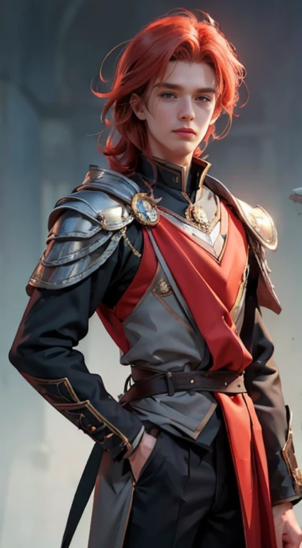 25 YEAR OLD BOY, male, shoulder-length red hair, gray eyes, gray eyes, freckles on the face, Magic Academy uniform dress