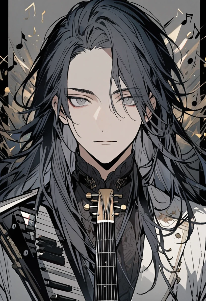 male, handsome, parted bang, long hair, navy hair, musician, gray eyes, music notes, grey eyes, main face, front face