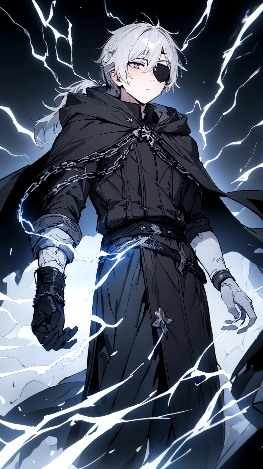 Anime character. A man, he was medieval. 27 years old, large body, cold gaze, cold expression, white skin, short and messy gray hair, ponytail, left eye patch, black clothes, black shirt, dark cape with hood, several chains. frontal camera. Walking under the red moonlight. White electricity emanating from his body, black electricity emanating from his left hand. Iris of the right eye glowing white. Thunderous white lightning. (best quality, 4k, 8k, high resolution, masterpiece: 1.2)
