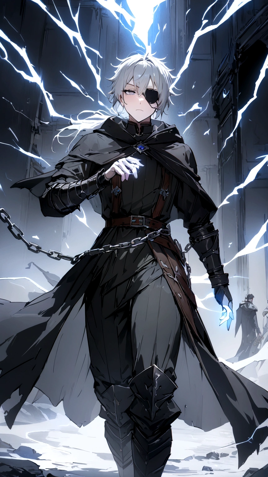 Anime character. A man, he was medieval. 27 years old, large body, cold gaze, cold expression, white skin, short and messy gray hair, ponytail, left eye patch, black clothes, black shirt, dark cape with hood, several chains. frontal camera. Walking under the red moonlight. White electricity emanating from his body, black electricity emanating from his left hand. Iris of the right eye glowing white. Thunderous white lightning. (best quality, 4k, 8k, high resolution, masterpiece: 1.2)