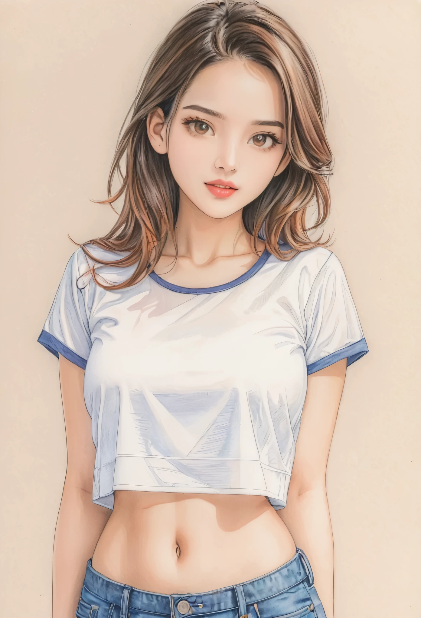  female，crop shirt，white，Art，draft drawing，colour pencil drawing，scan drawing 