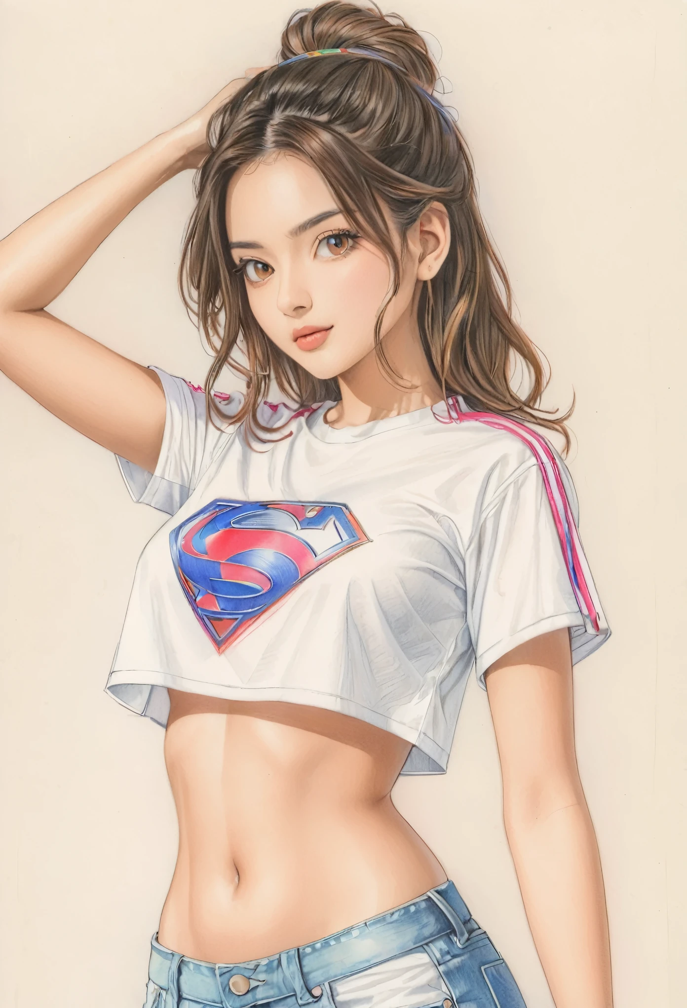 female,crop shirt,white,Art,draft drawing,colour pencil drawing,scan drawing