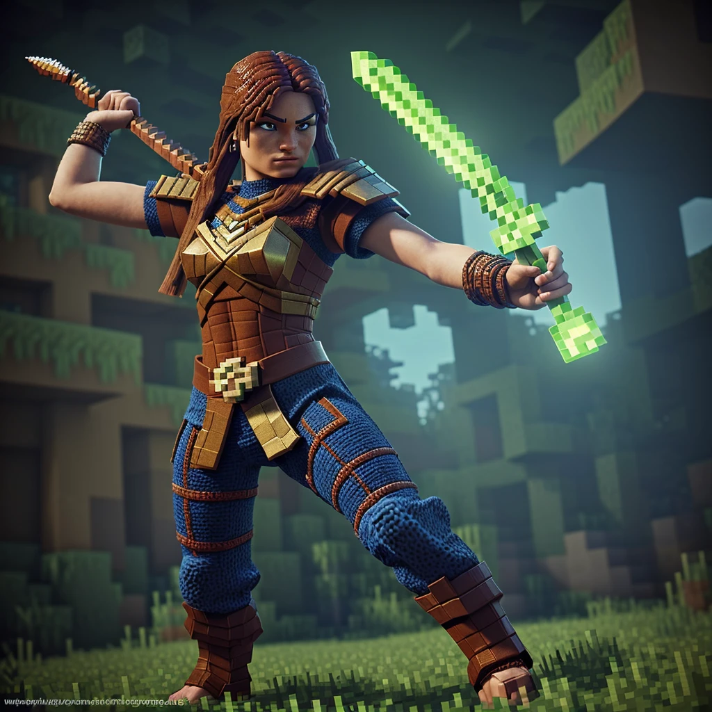 1 minecraft warrior, highly detailed character, 3D, extremely detailed pixelated minecraft trident held in left hand, extremely detailed minecraft crossbow held in right hand, dynamic pose, dramatic lighting, cinematic composition, fantasy, vibrant colors, masterpiece, best quality, 8k