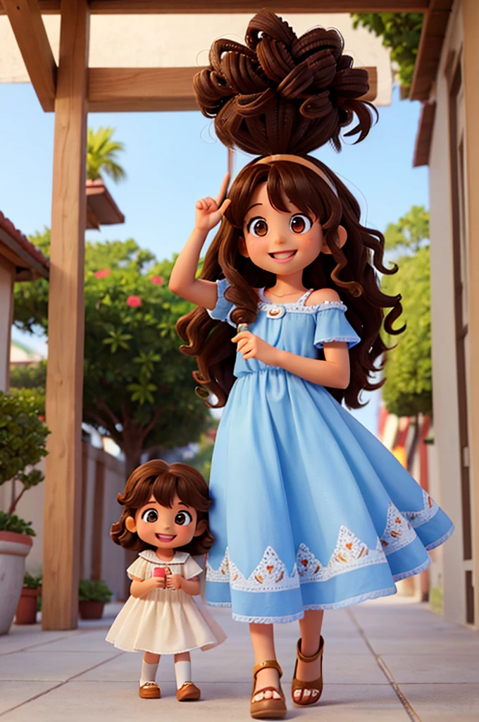 4 year old girl, shoulder length curly hair, brown, olhos brown e brilhantes, happy and smiling, very smart. with your doll