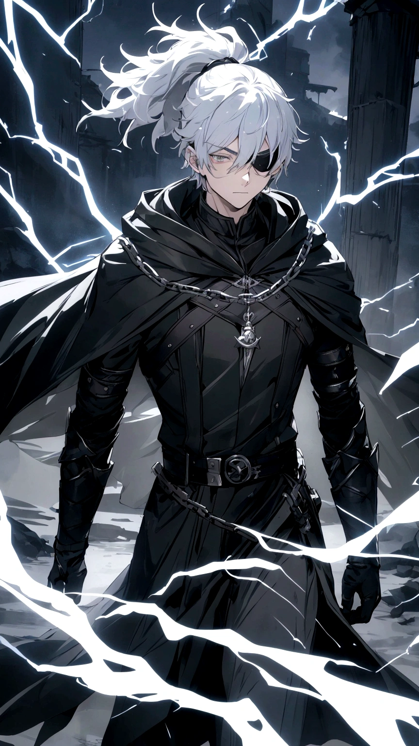 Anime character. A man, he was medieval. 27 years old, large body, cold gaze, cold expression, white skin, short and messy gray hair, ponytail, left eye patch, black clothes, black shirt, dark cape with hood, several chains. frontal camera. Walking under the red moonlight. White electricity emanating from his body, black electricity emanating from his left hand. Iris of the right eye glowing white. Thunderous white lightning. (best quality, 4k, 8k, high resolution, masterpiece: 1.2)