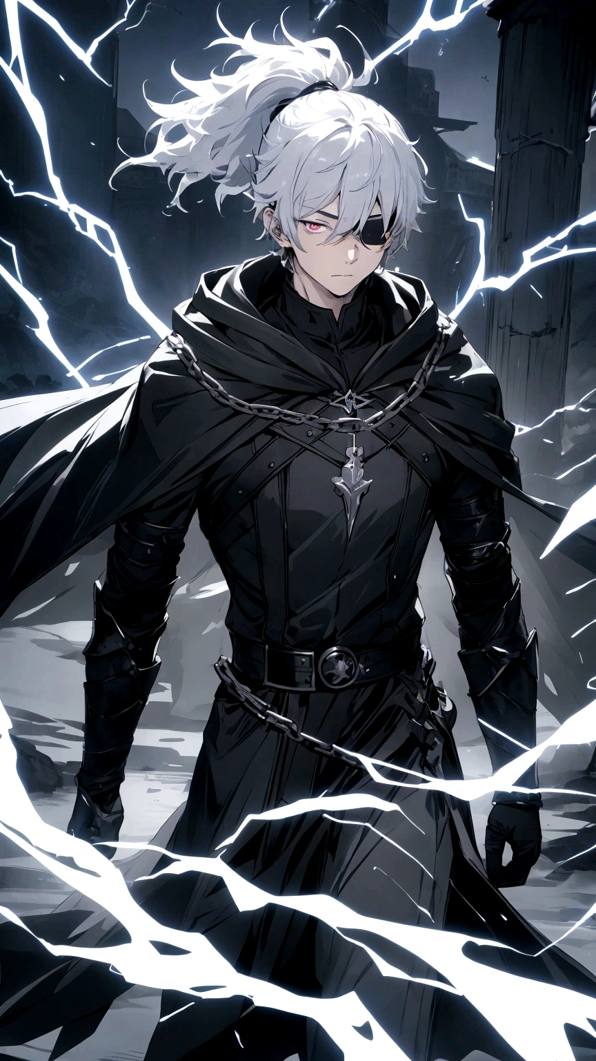 Anime character. A man, he was medieval. 27 years old, large body, cold gaze, cold expression, white skin, short and messy gray hair, ponytail, left eye patch, black clothes, black shirt, dark cape with hood, several chains. frontal camera. Walking under the red moonlight. White electricity emanating from his body, black electricity emanating from his left hand. Iris of the right eye glowing white. Thunderous white lightning. (best quality, 4k, 8k, high resolution, masterpiece: 1.2)