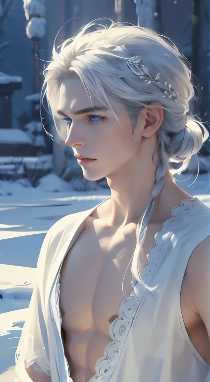 delicate man, 29-years-old, grayish white hair, longer section of hair on the side, ice blue eyes, scar on cheek, wears traditional clothes with lace applications, pale hair, beautiful blue eyes.