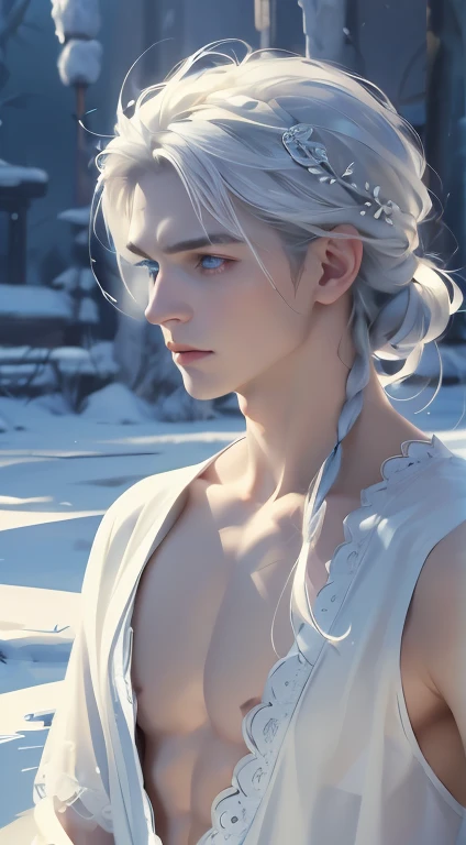 delicate man, 29-years-old, grayish white hair, longer section of hair on the side, ice blue eyes, scar on cheek, wears traditional clothes with lace applications, pale hair, beautiful blue eyes.
