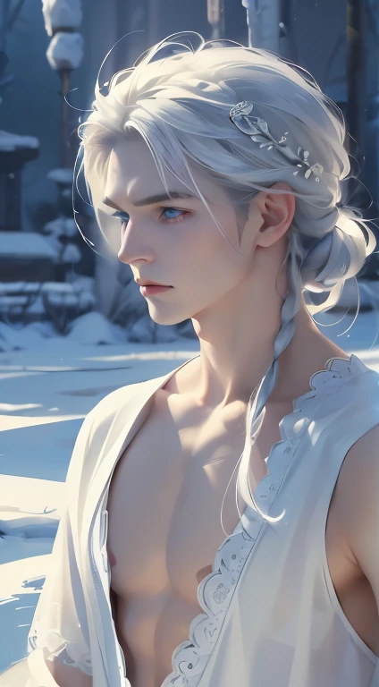 delicate man, 29-years-old, grayish white hair, longer section of hair on the side, ice blue eyes, scar on cheek, wears traditional clothes with lace applications, pale hair, beautiful blue eyes.