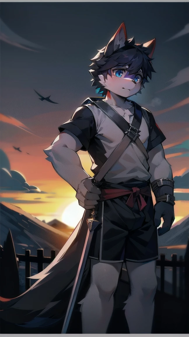 White Wolf，black hair，Sky blue eyes，hairy，Wolf ears，Wolf tail，Full body portrait，The character is in the center of the frame，Handsome，Confident eye***but，juvenile，Black and white combat uniform，Red neck bib，Black shorts，Short sleeve，hairy arms and legs，Dark background，Dark battlefield，dawn，sunrise，dawn，illumination，shadow，Swordsman，Scabbard and Hold the hilt of a in your hand，The scabbard is at the waist，Highest quality,A tall stature