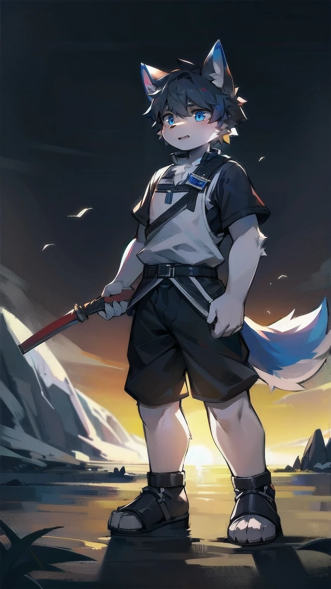 White Wolf,black hair,Sky blue eyes,hairy,Wolf ears,Wolf tail,Full body portrait,The character is in the center of the frame,Handsome,Confident eye***but,juvenile,Black and white combat uniform,Red neck bib,Black shorts,Short sleeve,hairy arms and legs,Dark background,Dark battlefield,dawn,sunrise,dawn,illumination,shadow,Swordsman,Scabbard and Hold the hilt of a in your hand,The scabbard is at the waist,Highest quality,A tall stature