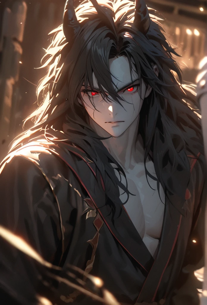 (solo), masculine, black hair, messy hair, mane hair, long hair, dense hair, wild hair, expressive hair, mature,(25 year old), pale skin, red eyes, ((man)), wearing a black robe, black demon horns,, serious, handsome, attractive, eye reflection, depth of field, thunder aura,cinematic lighting, ray tracing, depth of field, cinematic lighting, ray tracing, UHD, high details, best quality, highres, high quality, award winning, super detail, masterpiece, 8k, UHD, high details, best quality, highres, high quality, award winning, super detail, masterpiece, 8k, digital art, anime coloring, full body, body shot, good face, perfect face, detailed face, good eyes, sitting on a throne