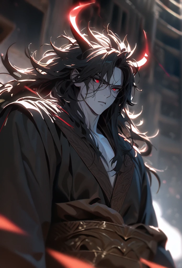 (solo), masculine, black hair, messy hair, mane hair, long hair, dense hair, wild hair, expressive hair, mature,(25 year old), pale skin, red eyes, ((man)), wearing a black robe, black demon horns,, serious, handsome, attractive, eye reflection, depth of field, thunder aura,cinematic lighting, ray tracing, depth of field, cinematic lighting, ray tracing, UHD, high details, best quality, highres, high quality, award winning, super detail, masterpiece, 8k, UHD, high details, best quality, highres, high quality, award winning, super detail, masterpiece, 8k, digital art, anime coloring, full body, body shot, good face, perfect face, detailed face, good eyes, sitting on a throne