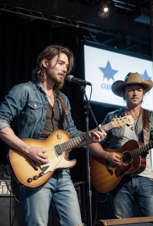 真实感, realistic photo of two country singer cowboys at the show