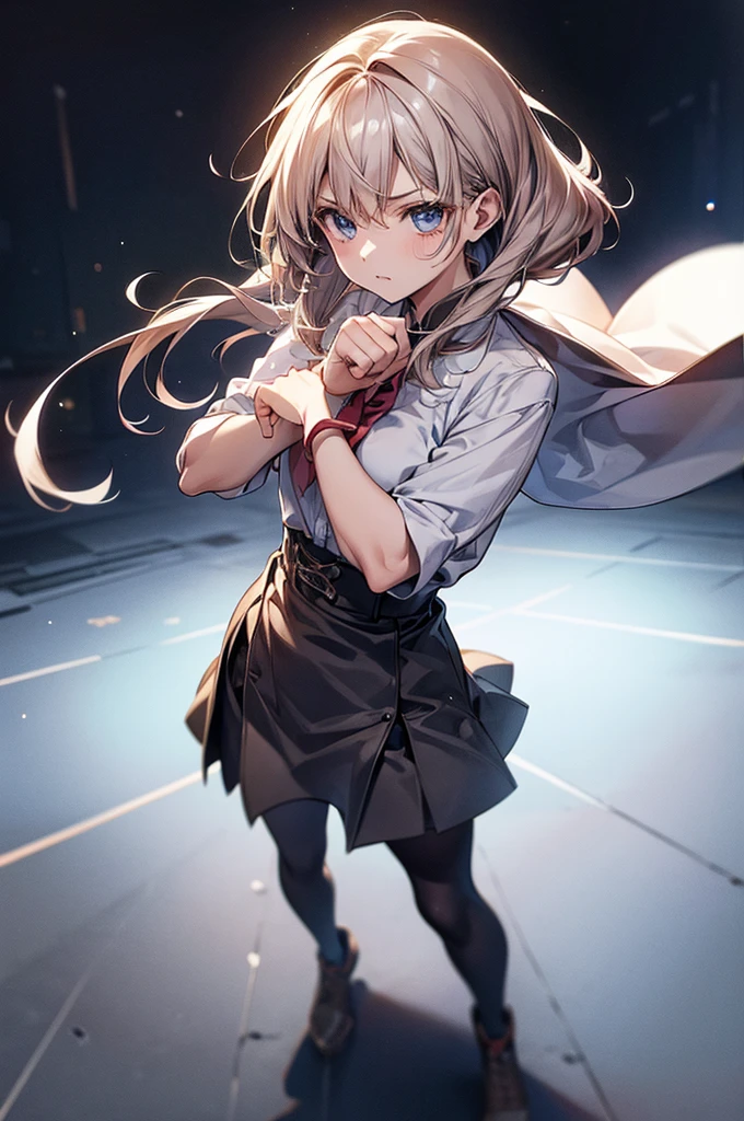 Girl fighting with bare hands、Right straight punch、Left hand is placed next to the waist、Standing with your feet wide apart、Angle from the front、Fighting expression、Place your hands in front of your face
