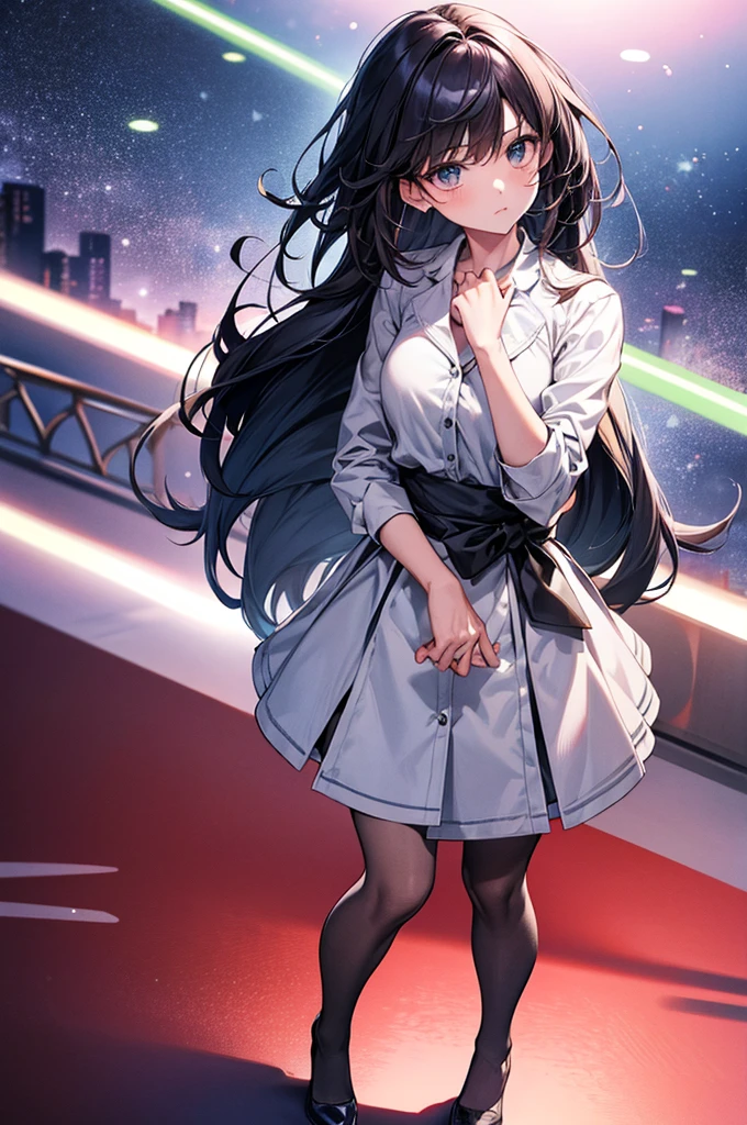 Girl fighting with bare hands、Right straight punch、Left hand is placed next to the waist、Standing with your feet wide apart、Angle from the front、Fighting expression、Place your hands in front of your face