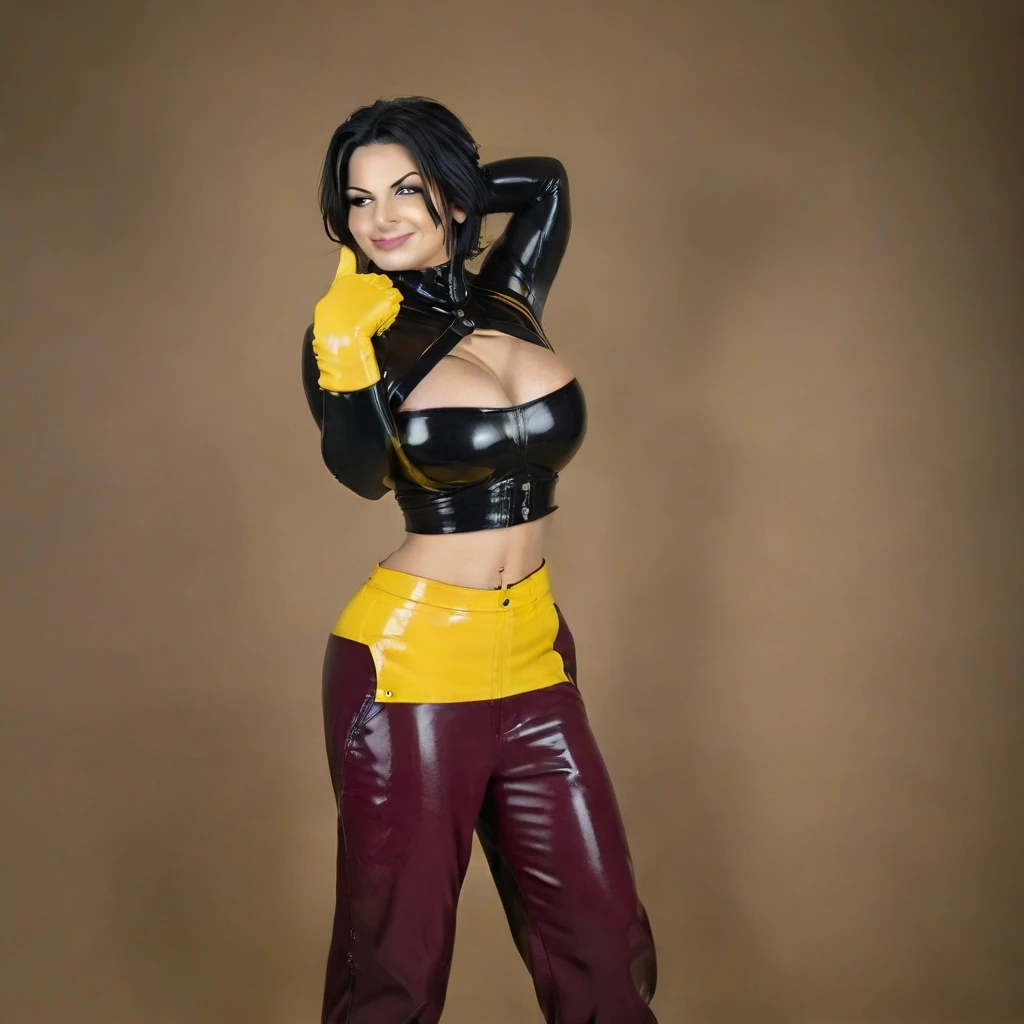portrait of construction worker caulifla flexing, under tension, smiling, slim and fit, [[athletic]], leather tool belt, cargo pants, bustier, yellow duty gloves, beautiful feminine body, brown eyes, bokeh, photorealistic, canon 75mm f/2.8, naturalistic lighting, dynamic shadows, depth of field, [[skin pores]], masterpiece
