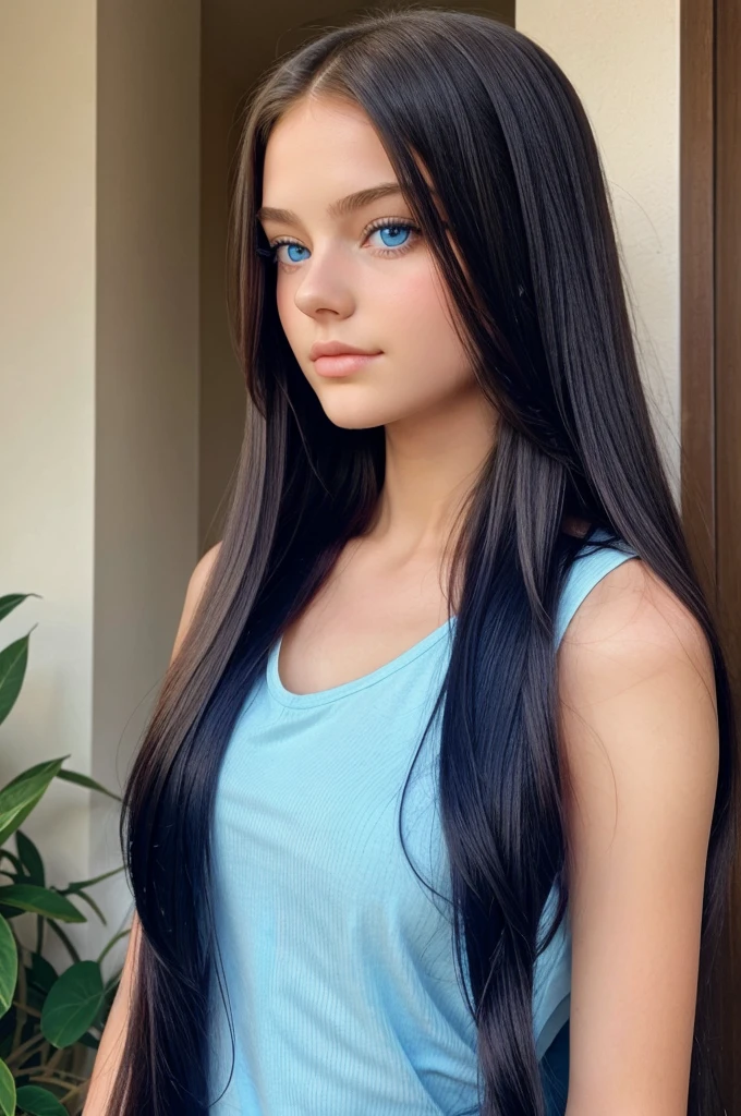 A beautiful girl with blue eyes and long hair, 16 years old like the original