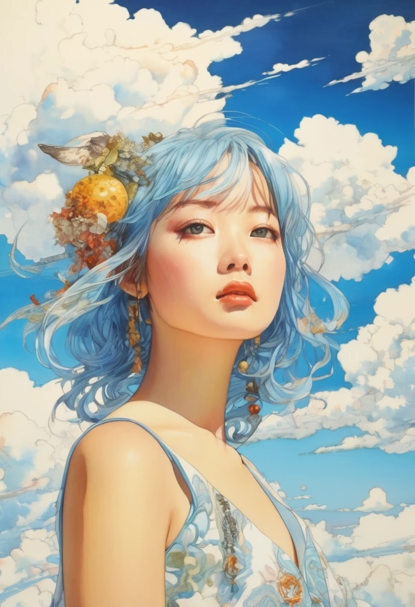 artwork:Katsuya Terada
8k, High resolution, A complex and intricate masterpiece, (Summer vacation:1.2), (White cumulonimbus cloud and girl:1.1), transparent, Sparkling blue eyes, White clouds and sky blue eyeballs, Medium Shot, Blue hair, Organic Shapes, Swaying in the wind、Hard Edge, Anatomically correct body, Ultra-realistic, Cumulonimbus Elegant,Cinema Lighting, Very detailed, Vibrant colors, Octane Rendered Cat, Surreal atmosphere, Award-winning works, Bright and rich colors, iridescent accents, Dramatic Shadows,Dynamic and atmospheric lighting, Anamorphic Lens, Sharp focus,
An intricate and detailed masterpiece by Katsuya Terada, Katsuya Terada Style, Pop Surrealism, watercolor , Kanna Hashimoto