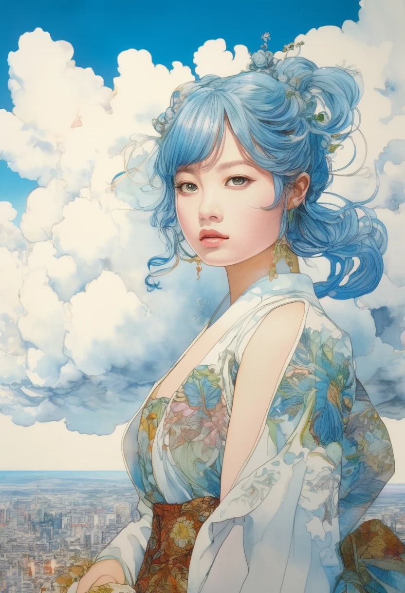 artwork:Katsuya Terada
8k, High resolution, A complex and intricate masterpiece, (Summer vacation:1.2), (White cumulonimbus cloud and girl:1.1), transparent, Sparkling blue eyes, White clouds and sky blue eyeballs, Medium Shot, Blue hair, Organic Shapes, Swaying in the wind、Hard Edge, Anatomically correct body,  Ultra-realistic, Cumulonimbus Elegant,Cinema Lighting, Very detailed, Vibrant colors, Octane Rendered Cat, Surreal atmosphere, Award-winning works, Bright and rich colors, iridescent accents, Dramatic Shadows,Dynamic and atmospheric lighting, Anamorphic Lens, Sharp focus, 
An intricate and detailed masterpiece by Katsuya Terada, Katsuya Terada Style, Pop Surrealism, watercolor , Kanna Hashimoto