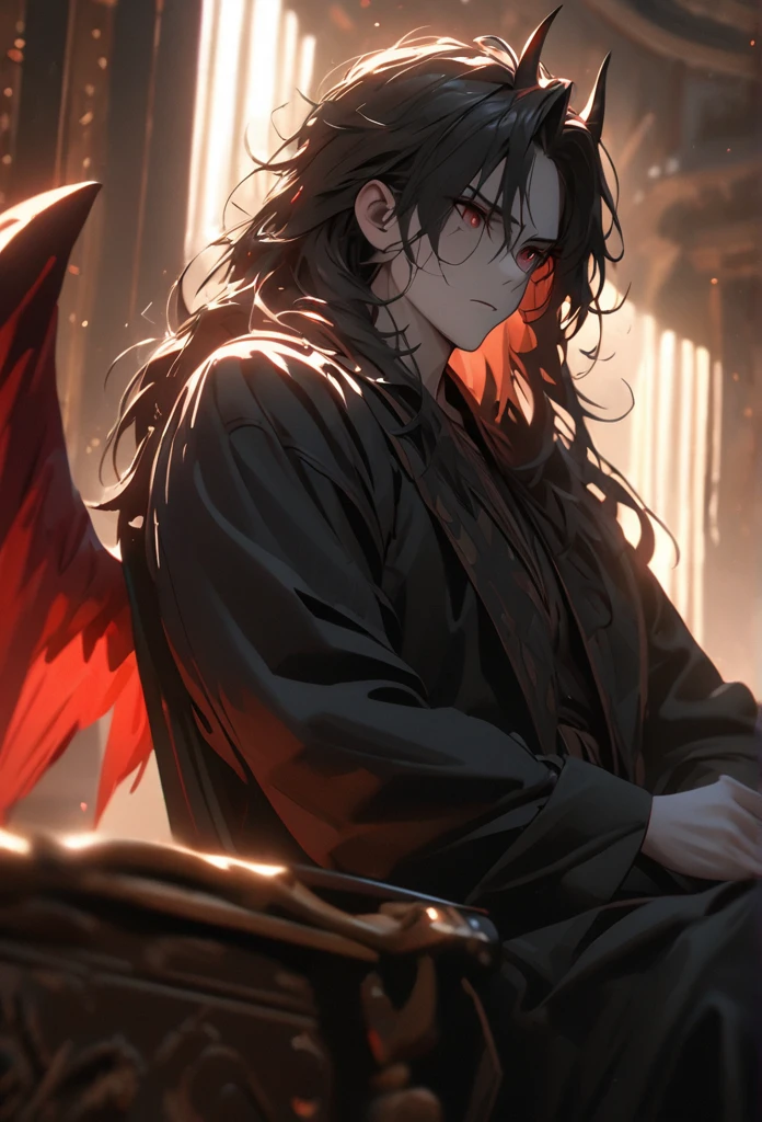 (solo), masculine, black hair, messy hair, mane hair, long hair, dense hair, wild hair, expressive hair, mature,(25 year old), pale skin, red eyes, ((man)), wearing a black robe, black demon horns,, serious, red wings, handsome, attractive, eye reflection, depth of field, thunder aura,cinematic lighting, ray tracing, depth of field, cinematic lighting, ray tracing, UHD, high details, best quality, highres, high quality, award winning, super detail, masterpiece, 8k, UHD, high details, best quality, highres, high quality, award winning, super detail, masterpiece, 8k, digital art, anime coloring, full body, body shot, good face, perfect face, detailed face, good eyes, sitting on a throne