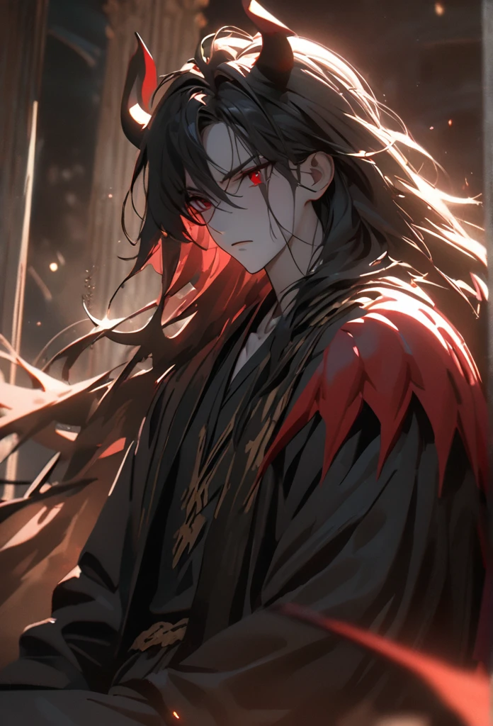 (solo), masculine, black hair, messy hair, mane hair, long hair, dense hair, wild hair, expressive hair, mature,(25 year old), pale skin, red eyes, ((man)), wearing a black robe, black demon horns,, serious, red wings, handsome, attractive, eye reflection, depth of field, thunder aura,cinematic lighting, ray tracing, depth of field, cinematic lighting, ray tracing, UHD, high details, best quality, highres, high quality, award winning, super detail, masterpiece, 8k, UHD, high details, best quality, highres, high quality, award winning, super detail, masterpiece, 8k, digital art, anime coloring, full body, body shot, good face, perfect face, detailed face, good eyes, sitting on a throne