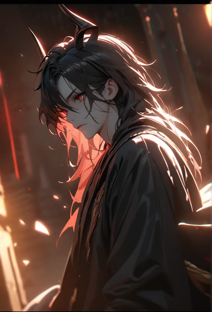 (solo), masculine, black hair, messy hair, mane hair, long hair, dense hair, wild hair, expressive hair, mature,(25 year old), pale skin, red eyes, ((man)), wearing a black robe, black demon horns,, serious, red wings, handsome, attractive, eye reflection, depth of field, thunder aura,cinematic lighting, ray tracing, depth of field, cinematic lighting, ray tracing, UHD, high details, best quality, highres, high quality, award winning, super detail, masterpiece, 8k, UHD, high details, best quality, highres, high quality, award winning, super detail, masterpiece, 8k, digital art, anime coloring, full body, body shot, good face, perfect face, detailed face, good eyes, sitting on a throne