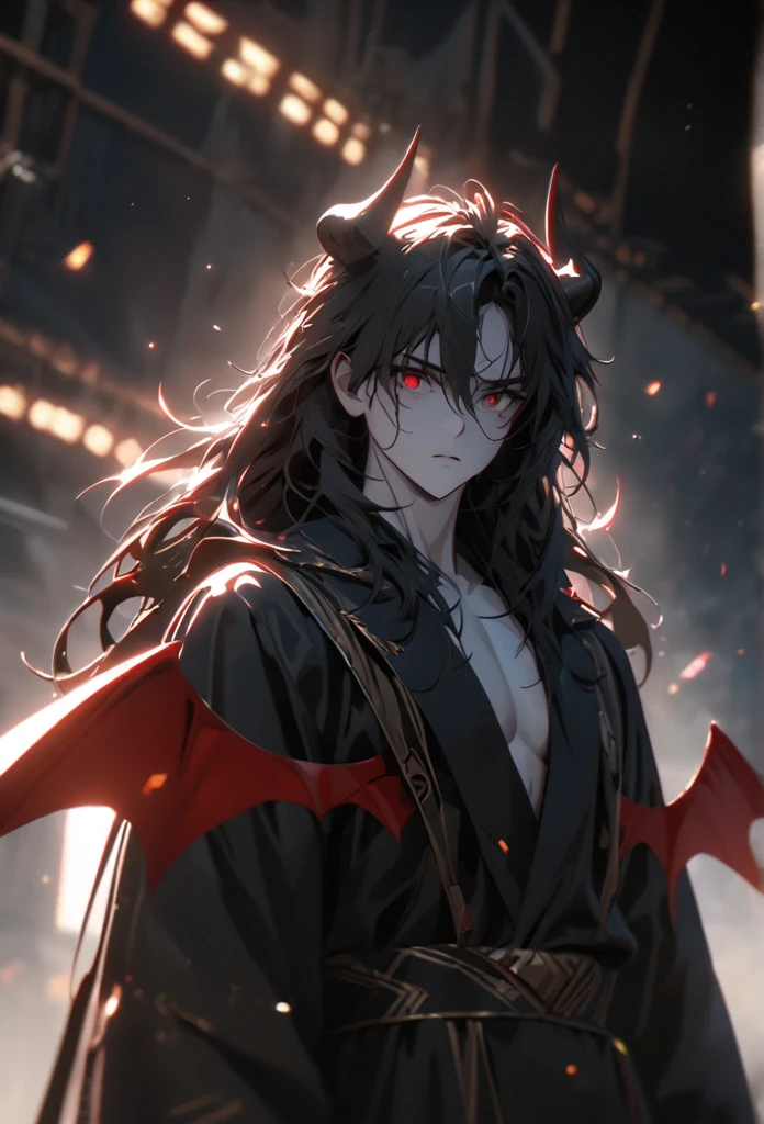 (solo), masculine, black hair, messy hair, mane hair, long hair, dense hair, wild hair, expressive hair, mature,(25 year old), pale skin, red eyes, ((man)), wearing a black robe, black demon horns,, serious, red wings, handsome, attractive, eye reflection, depth of field, thunder aura,cinematic lighting, ray tracing, depth of field, cinematic lighting, ray tracing, UHD, high details, best quality, highres, high quality, award winning, super detail, masterpiece, 8k, UHD, high details, best quality, highres, high quality, award winning, super detail, masterpiece, 8k, digital art, anime coloring, full body, body shot, good face, perfect face, detailed face, good eyes, sitting on a throne