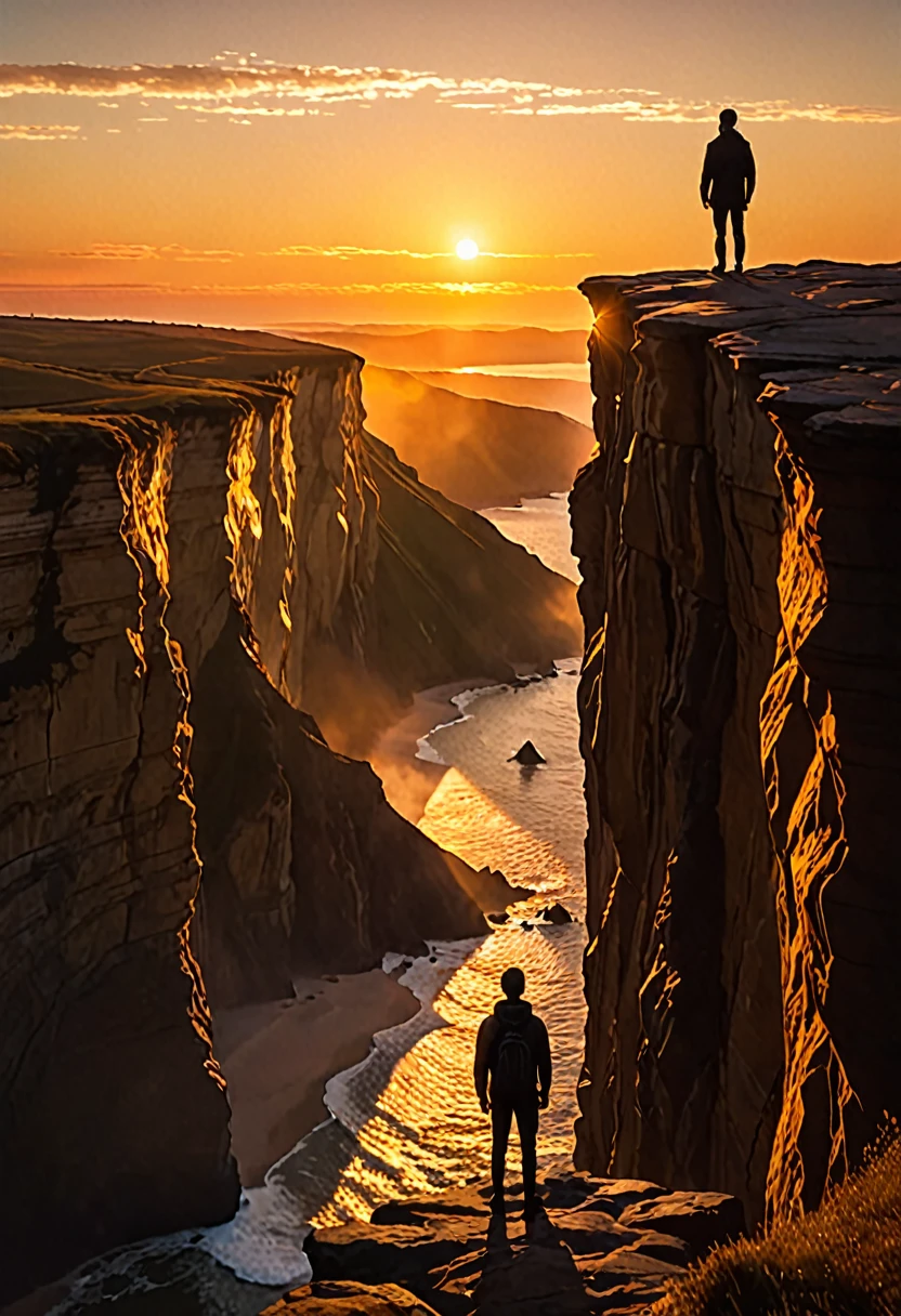 A person stands at the edge of a cliff, gazing at the sunset, its warm colors illuminating the sky. As they admire the breathtaking scene, a glowing shadow begins to form behind them. The entity appears to be made of pure light, its contours shimmering and flickering as if made of liquid gold. Slowly and silently, it moves towards them until it finally touches their body and starts to merge with them. The person feels a sudden jolt and a mix of fear and awe as the entity completely takes over, their two forms merging into one.