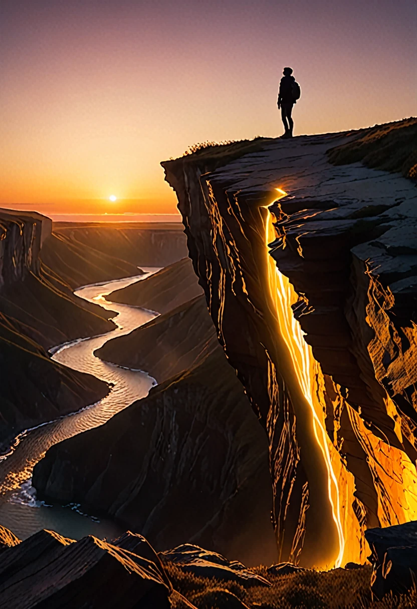 A person stands at the edge of a cliff, gazing at the sunset, its warm colors illuminating the sky. As they admire the breathtaking scene, a glowing shadow begins to form behind them. The entity appears to be made of pure light, its contours shimmering and flickering as if made of liquid gold. Slowly and silently, it moves towards them until it finally touches their body and starts to merge with them. The person feels a sudden jolt and a mix of fear and awe as the entity completely takes over, their two forms merging into one.