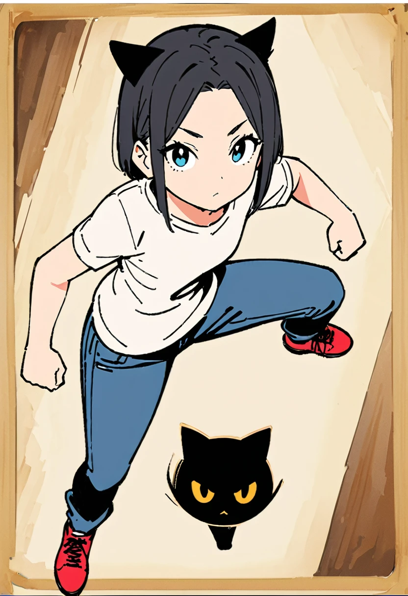 (Thick painting style),Thick line drawing, ((masterpiece,)),(((Highest quality))),sketch,((Adult women in their 20s)),Short black hair,Black cat ears,A plain white T-shirt,jeans,((Face from above,Character Portrait,Full Art,Dynamic pose,whole body)),flat chest