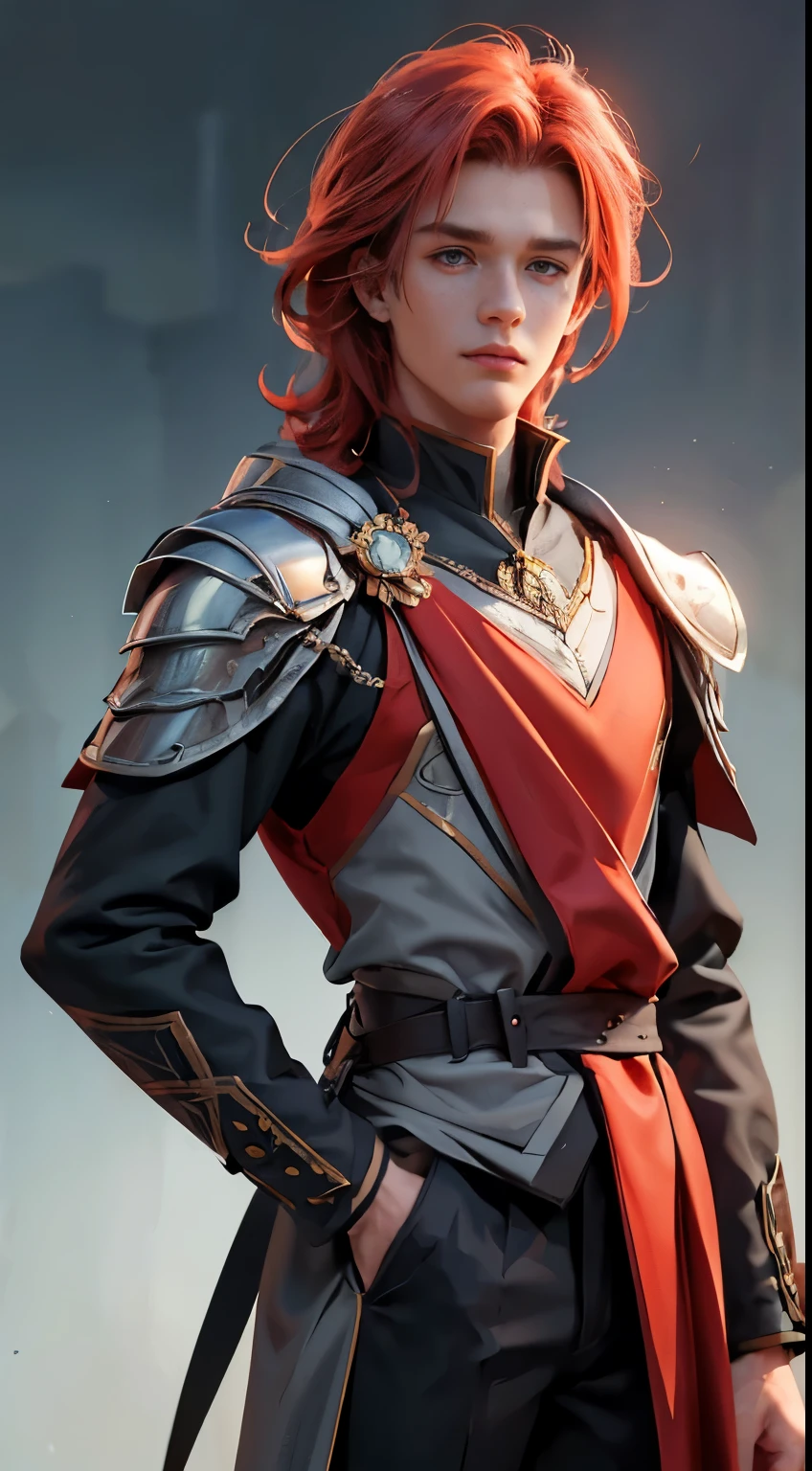 25 YEAR OLD BOY, male, shoulder-length red hair, gray eyes, gray eyes, freckles on the face, Magic Academy uniform dress
