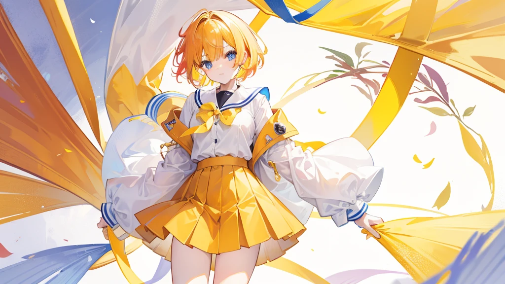 Colorful and colorful short hair,Wearing a yellow apricot colored JK uniform and a white pleated skirt,knee-length white silk,Dignified and cute,A little sweet,Five Fingers