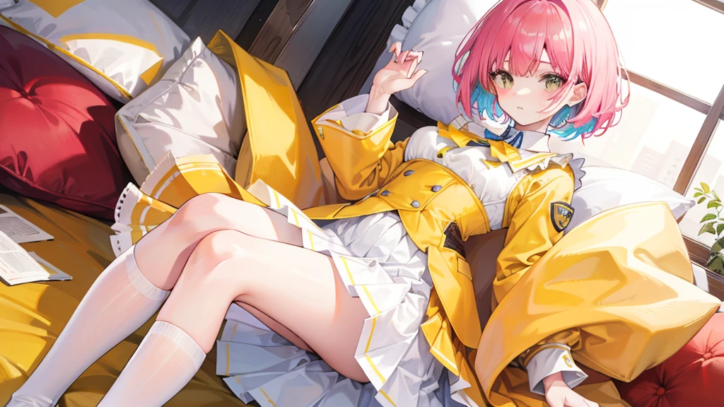Colorful and colorful short hair,Wearing a yellow apricot colored JK uniform and a white pleated skirt,knee-length white silk,Dignified and cute,A little sweet,Five Fingers